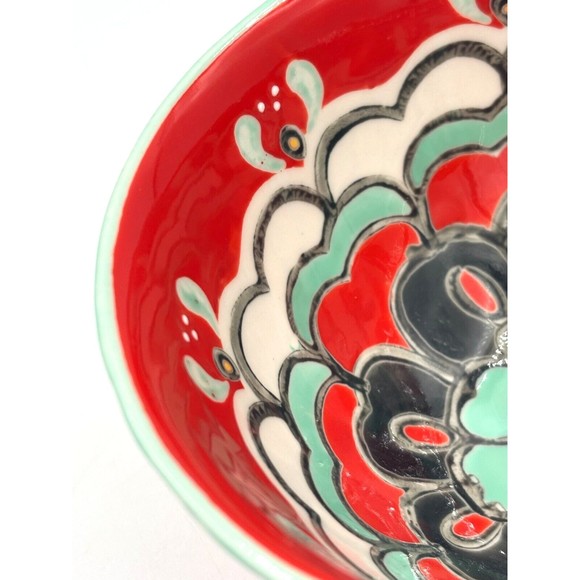 ANTHROPOLOGIE Footed Bowl Akaya Elka Red Bohemian Floral Handpainted Cereal Soup - Picture 9 of 13